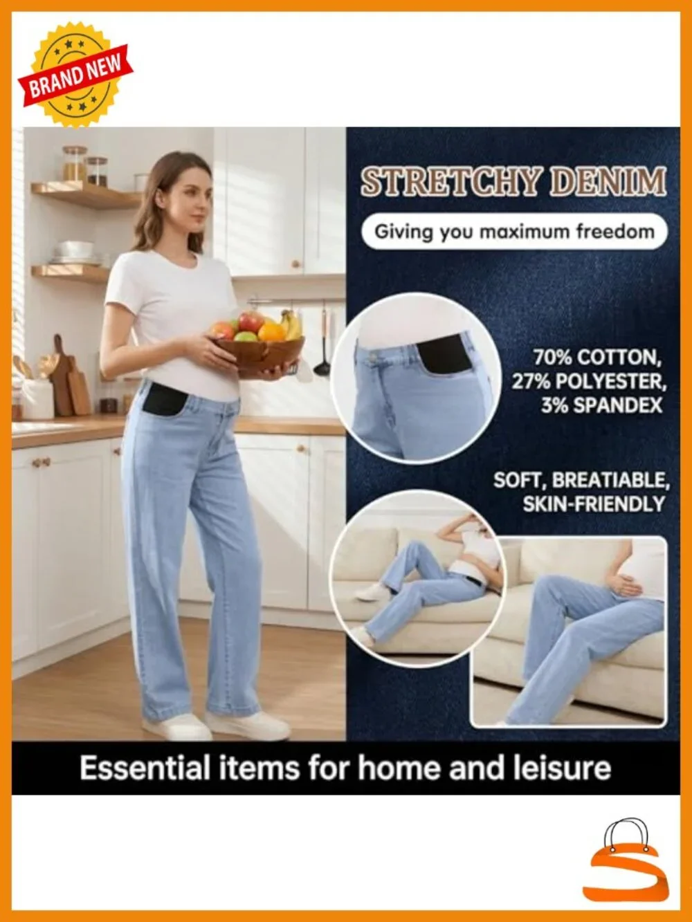Maternity Jeans Mid-Rise Straight Leg Relaxed Fit Denim Pants Postpartum
